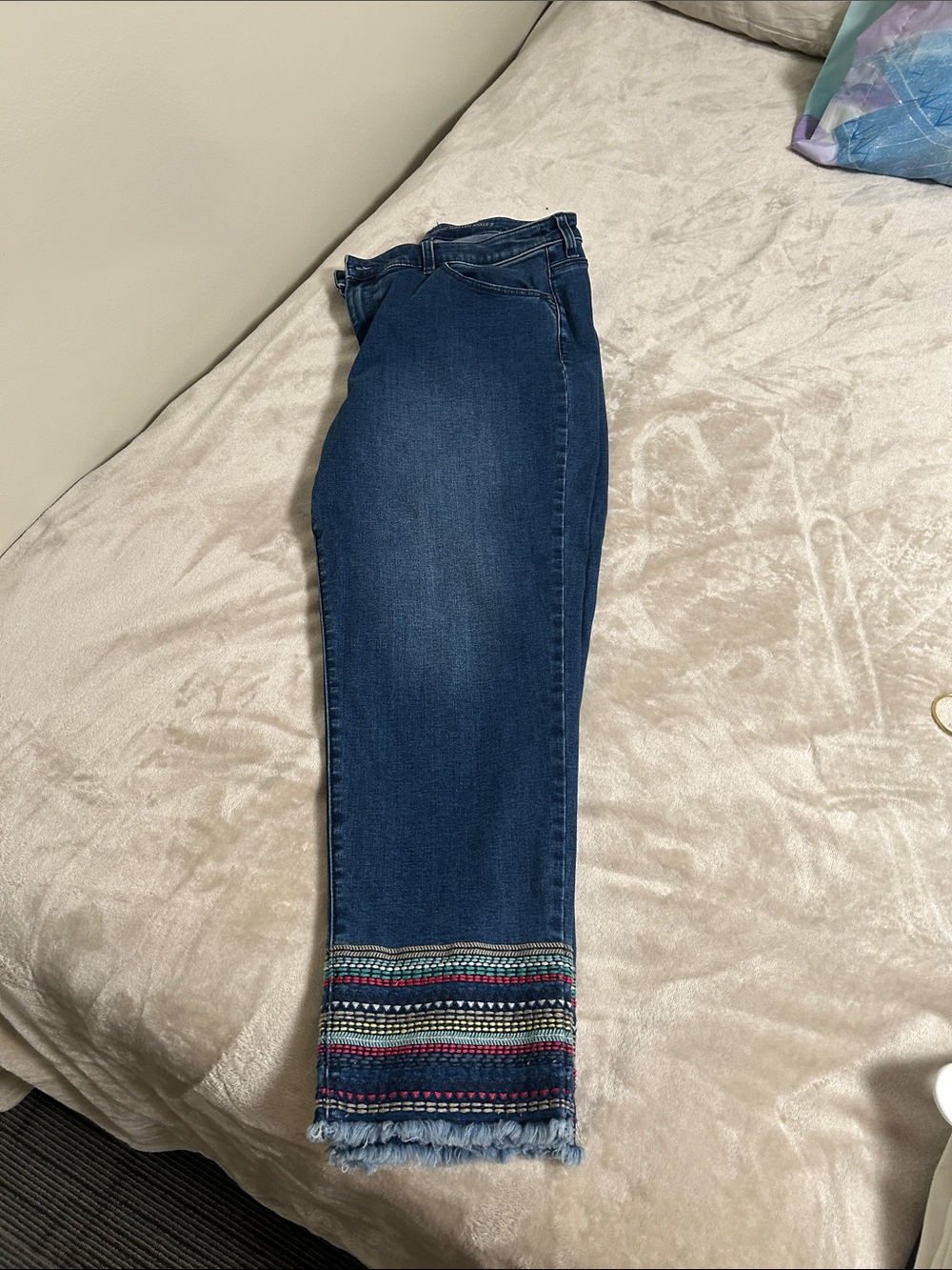 Women’s Dark Blue Embroidered Hem slim leg ankle